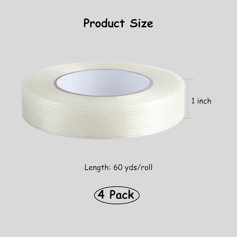 Lichamp Mono Filament Strapping Tape, 4 Roll 1 Inch x 60 Yards 5.9 Mil Transparent Fiberglass Tapes, Reinforced Packing Tape - Image 3